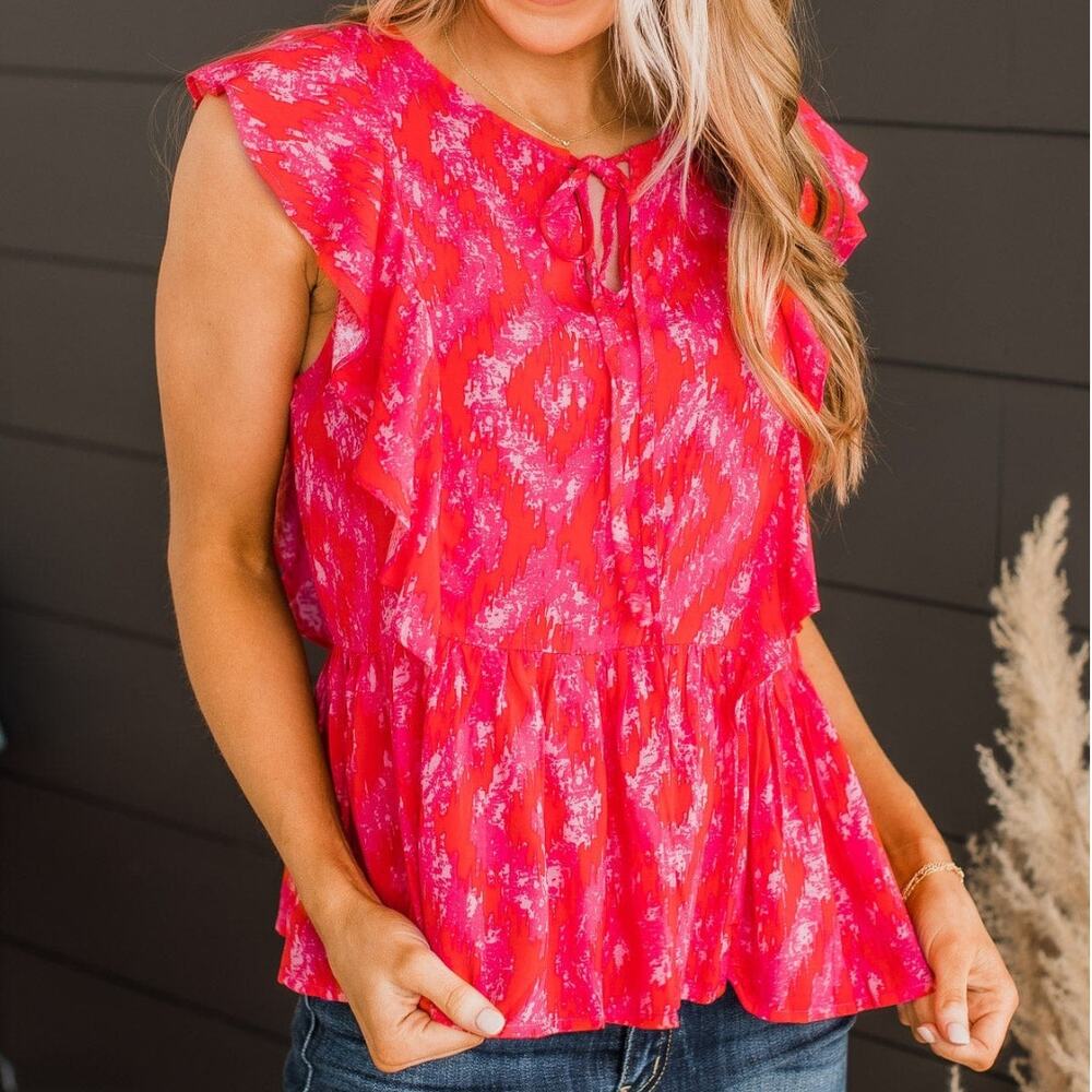 Savanna Jane NWT Pink & Red Print Cap Sleeve Ruffle Peplum Blouse